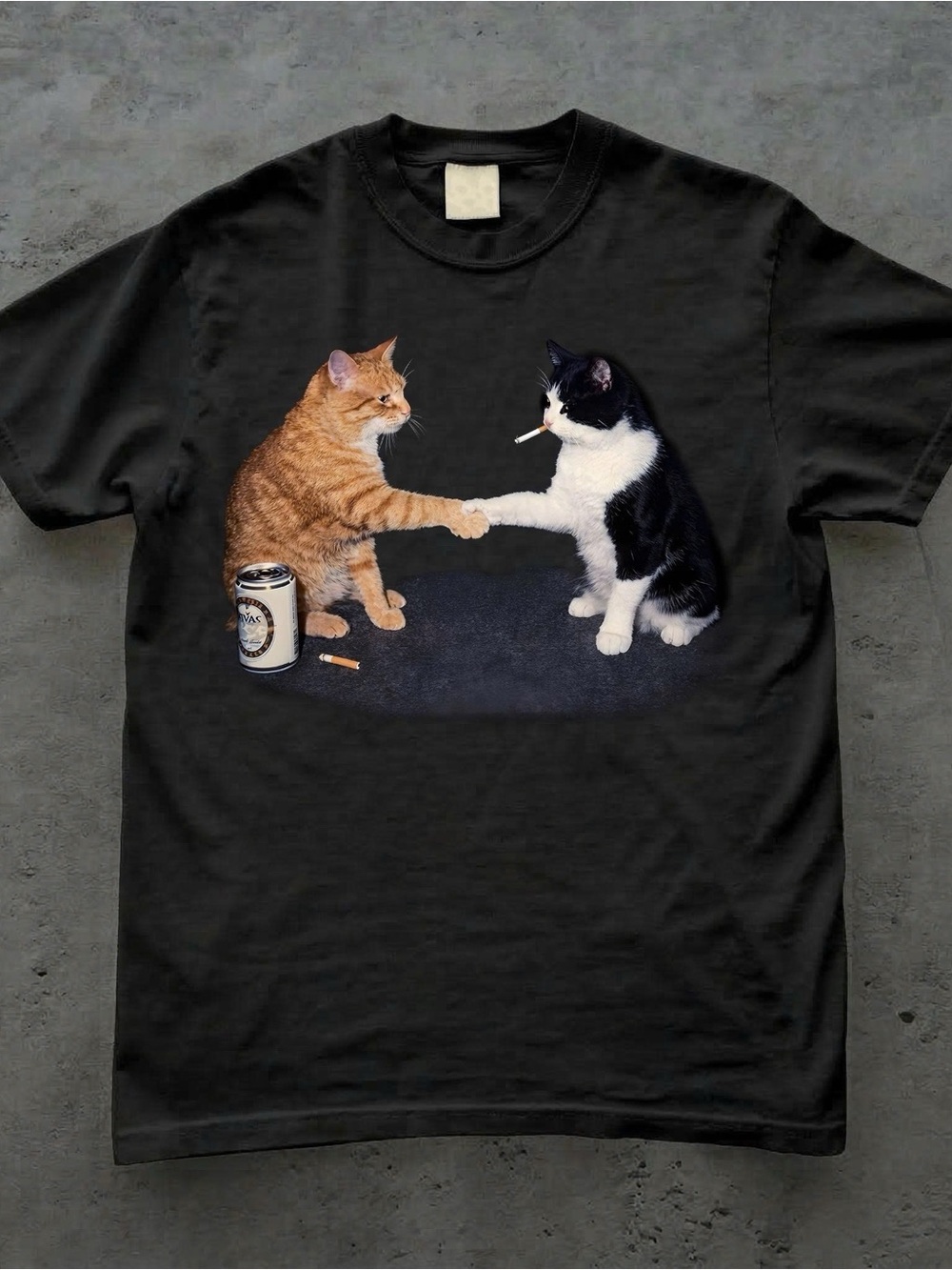 Black Graphic Cat Handshake T‑Shirt